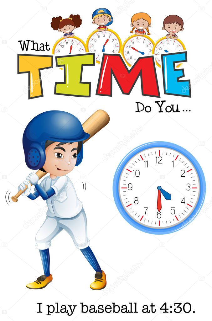 A boy play baseball at 4:30 illustration