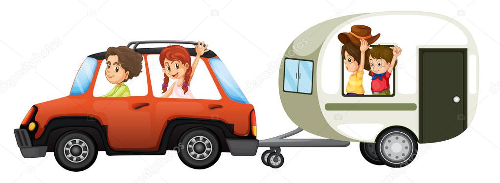 A family road trip on white background illustration