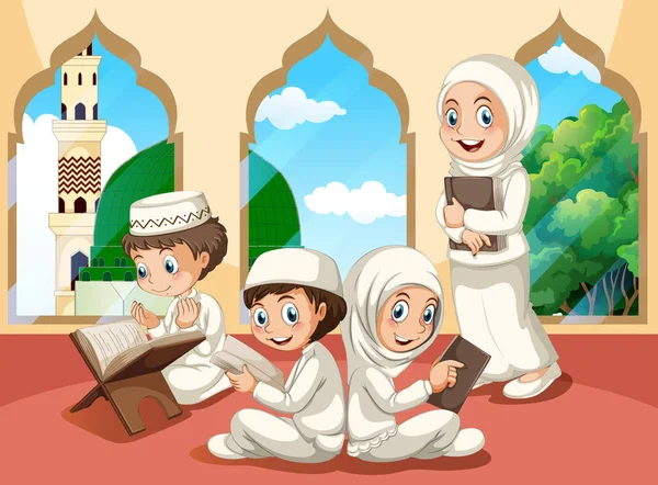 Grupo Niños Musulmanes Mezquita Ilustración — Vector de stock