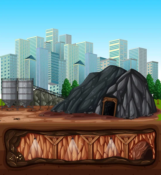 Ένα Ορυχείο Δίπλα Στην Εικόνα Της Πόλης — Διανυσματικό Αρχείο