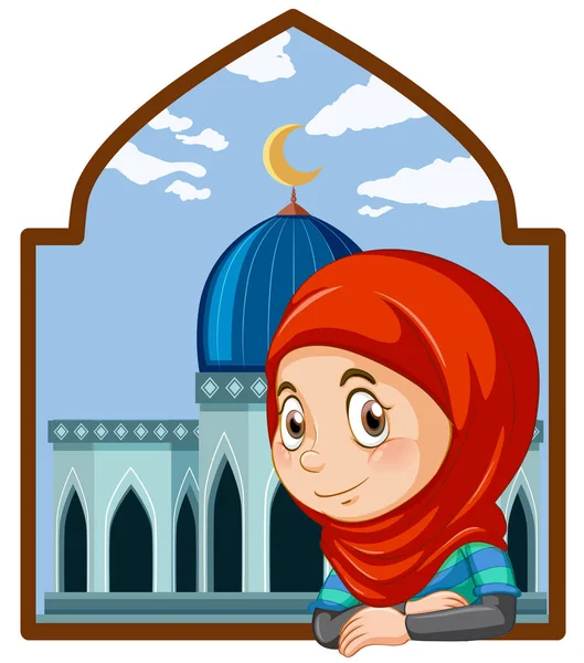 Une Jolie Fille Musulmane Avec Illustration Mosquée — Image vectorielle