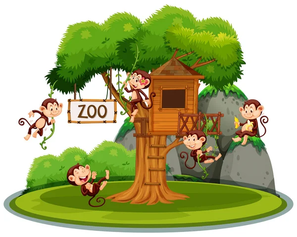 Scimmia Alla Casa Sull Albero Nell Illustrazione Dello Zoo — Vettoriale Stock