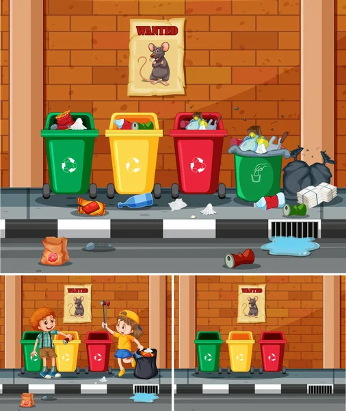 志愿者儿童收集垃圾在街头插图 — 图库矢量图片