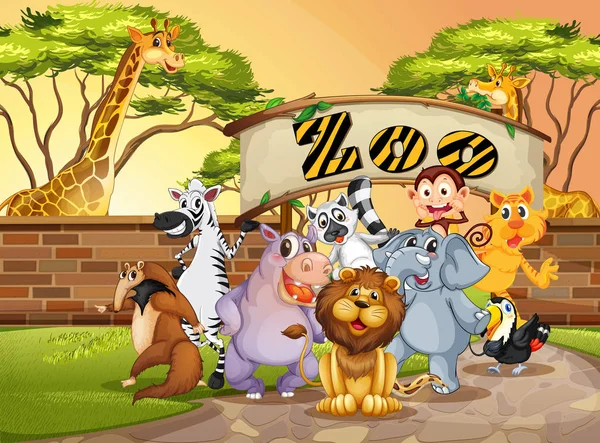 Szczęśliwy Zwierząt Zoo Ilustracja — Wektor stockowy