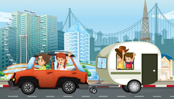 Uma Viagem Família Com Ilustração Caravana — Vetor de Stock