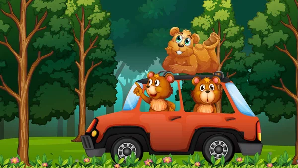 Skupina Medvěd Cestování Lese Podle Obrázku Auta — Stockový vektor