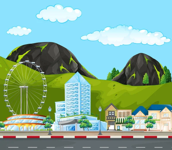 Een Moderne Stad Achter Berg Illustratie — Stockvector