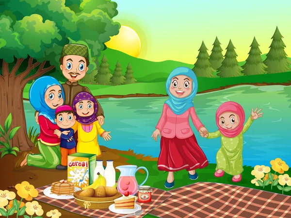 Ein Muslimisches Familienpicknick Der Natur Illustration — Stockvektor