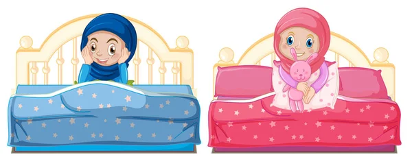 Meninas Muçulmanas Cama Ilustração —  Vetores de Stock