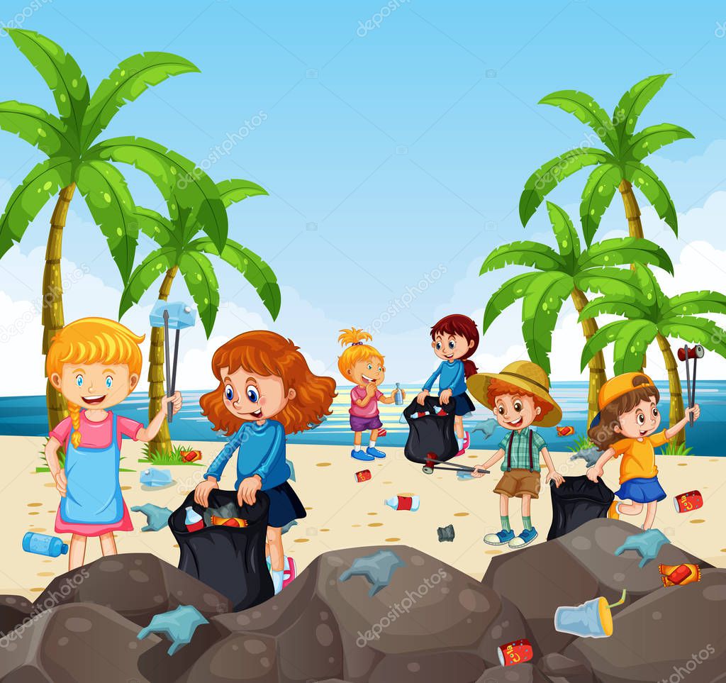 Vettoriale stockBambini Volontari Che Raccolgono Spazzatura Spiaggia  Illustrazione di ©interactimages #210369436, image size:1024x963