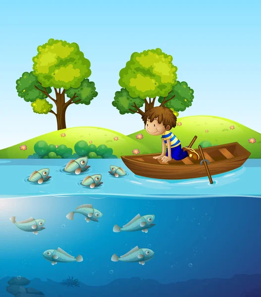 Niño Barco Viendo Ilustraciones Peces — Vector de stock