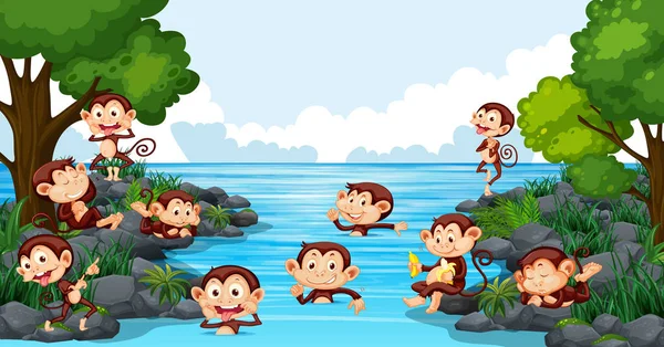 猿の湖図で演奏 ストックイラスト