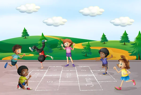 Enfants Jouer Hop Scotch Illustration — Image vectorielle