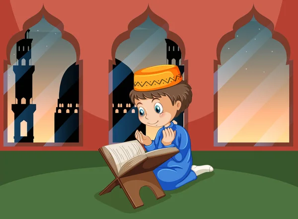 Niño Musulmán Estudio Ilustración Mezquita — Archivo Imágenes Vectoriales