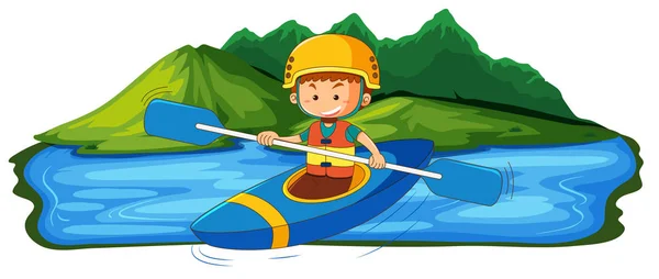 Young Man Canoeing Lake Illustration — Stock Vector