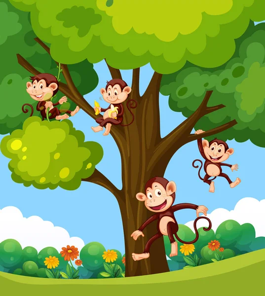 Affe Spielt Baum Illustration — Stockvektor