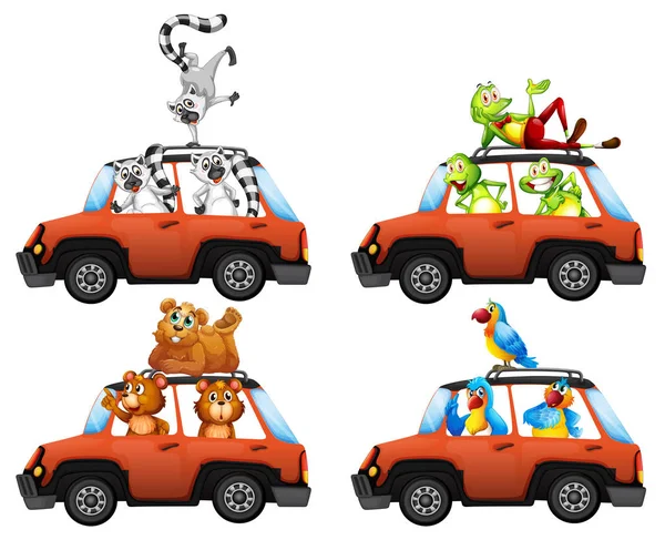 汽车插图中的一组动物 — 图库矢量图片