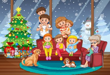 Noel sahne illüstrasyon üzerinde birlikte aile