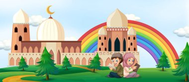 Arka plan illüstrasyon oğlan ve kız Camii ile kitap okuma