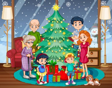Aile christmas illüstrasyon Toplantı