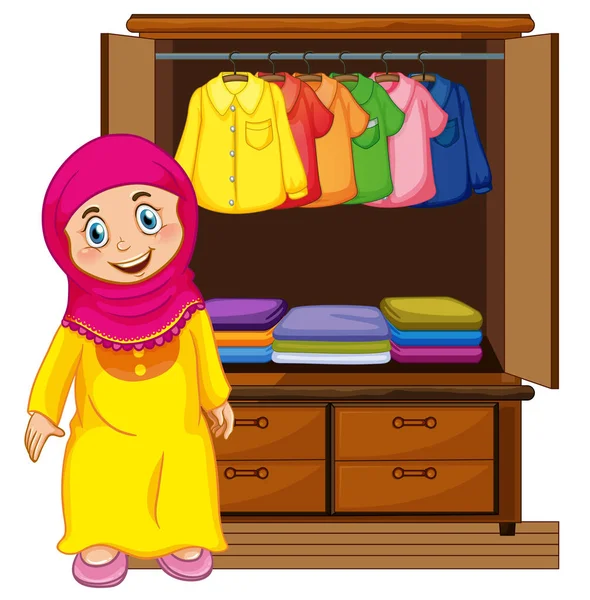 一个穆斯林女孩在衣柜前的插图 — 图库矢量图片