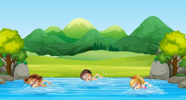 Bambini Che Nuotano Nel Fiume Illustrazione — Vettoriale Stock