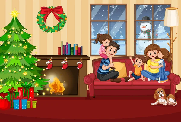 Christmas Illüstrasyon Üzerinde Evde Mutlu Bir Aile — Stok Vektör