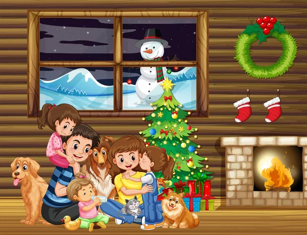 Rodzina Siedzi Przed Boże Narodzenie Drzewo Ilustracja — Wektor stockowy