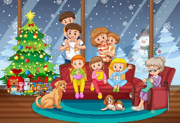 Famille Ensemble Sur Noël Scène Illustration — Image vectorielle