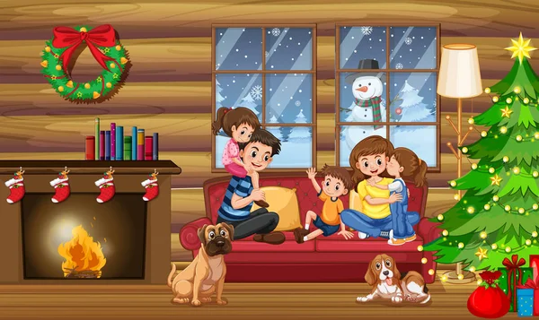 Счастливая Семья Доме Рождественскую Иллюстрацию — стоковый вектор