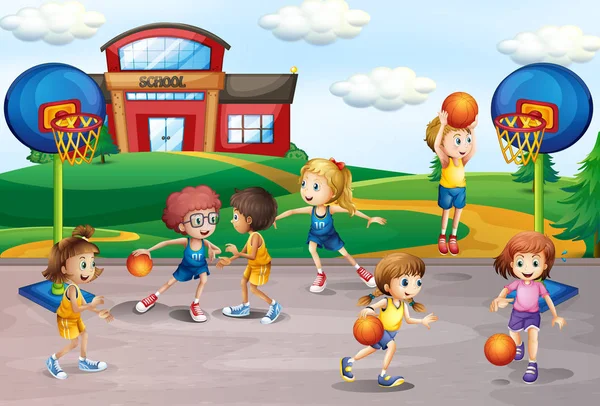 Öğrencilerin Beden Eğitimi Çizimde Basketbol Oynarken — Stok Vektör
