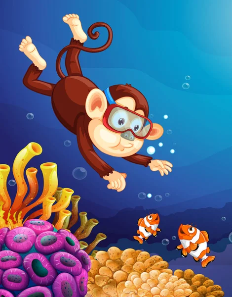 Monkey Diving Ocean Illustration — Stock Vector