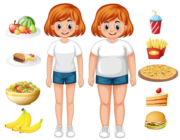 Ταιριάζει Και Υπέρβαρη Γυναίκα Εικονογράφηση Τροφίμων — Διανυσματικό Αρχείο