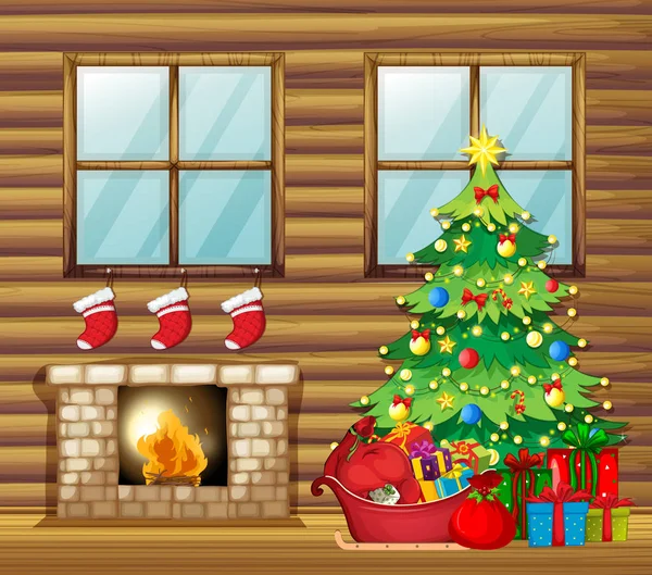圣诞节装饰在木房子例证 — 图库矢量图片