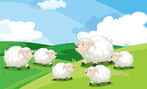 Groupe Moutons Dans Illustration Terrain — Image vectorielle