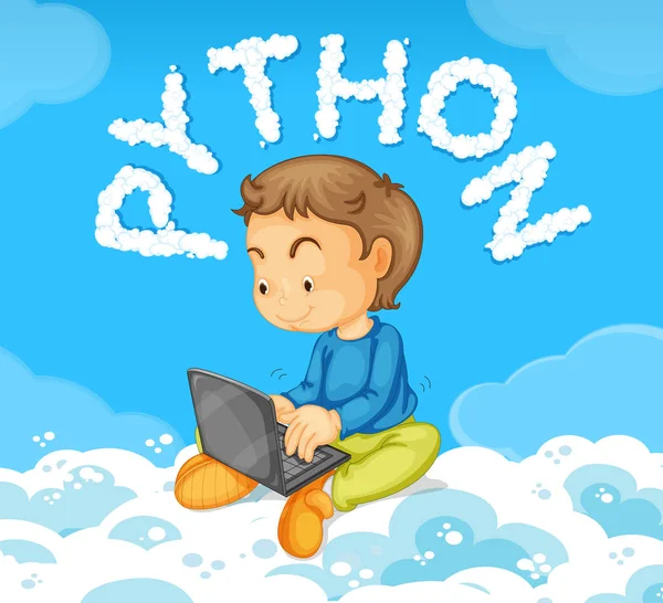 Kleiner Junge Auf Laptop Python Konzept Illustration — Stockvektor