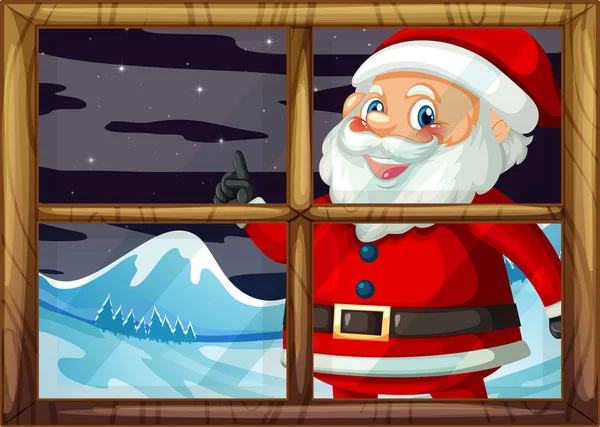 Santa Claus Sonriendo Fuera Ventana Ilustración — Archivo Imágenes Vectoriales