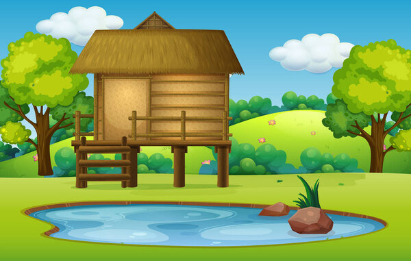 Hut in pond nature scene illustration