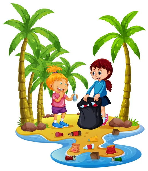 Volunteer Children Collecting Trash Island Illustration — Stock Vector