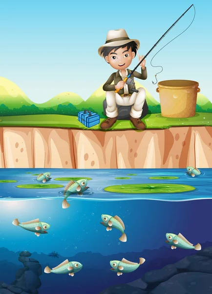 Uomo Che Pesca Allo Stagno Illustrazione — Vettoriale Stock