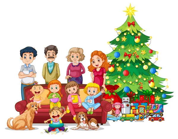 Familia Frente Ilustración Del Árbol Navidad — Archivo Imágenes Vectoriales