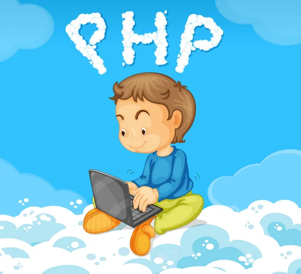 一个男孩在云插图上编码 Php — 图库矢量图片