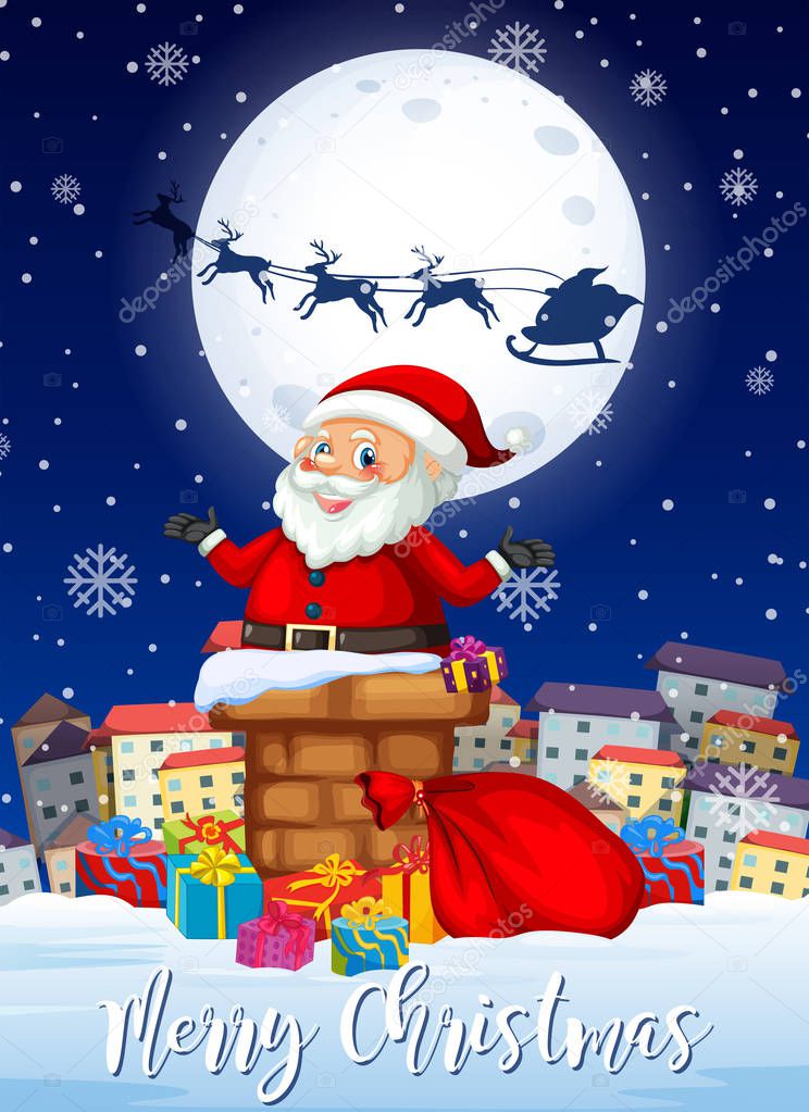 Merry Chritmas santa and presents card illustration
