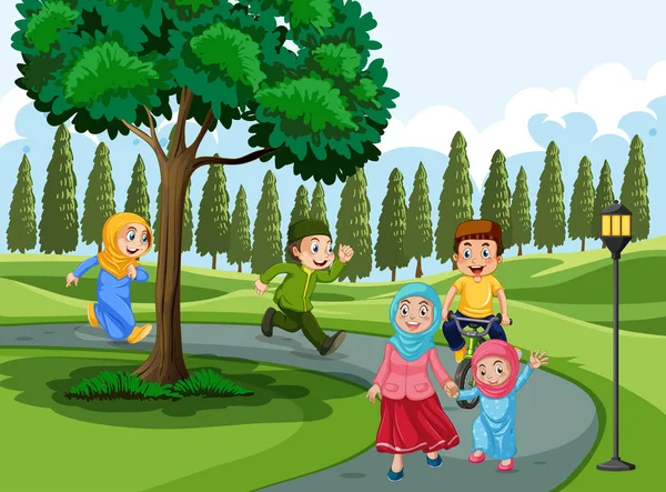 Muslimsk Familj Park Illustration — Stock vektor