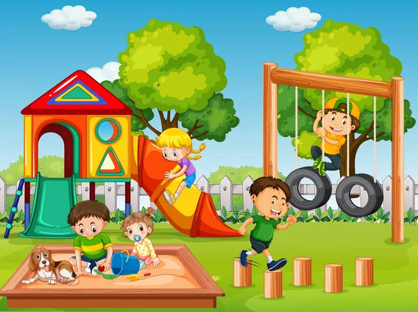 Bambini Nella Scena Del Parco Giochi Illustrazione — Vettoriale Stock