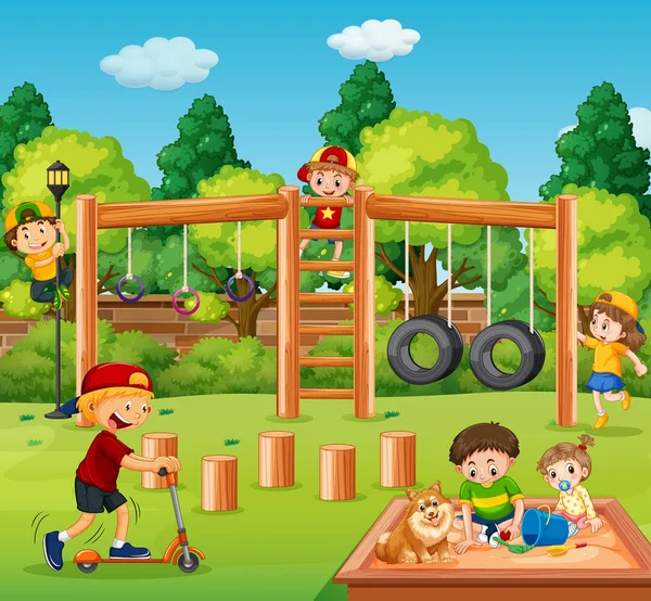 Bambini Che Giocano Parco Giochi Illustrazione — Vettoriale Stock
