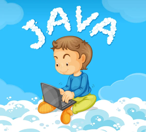 Jeune Homme Codant Java Sur Illustration Nuage — Image vectorielle