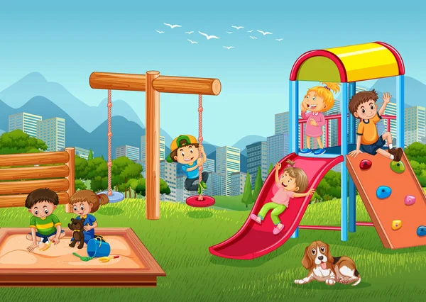 Παιδιά Παίζουν Στην Παιδική Χαρά Εικονογράφηση — Διανυσματικό Αρχείο