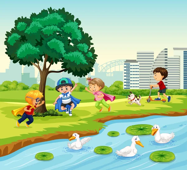 Bambini Che Giocano Nel Parco Illustrazione — Vettoriale Stock