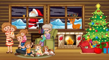 Noel ağacı illüstrasyon oturan aile